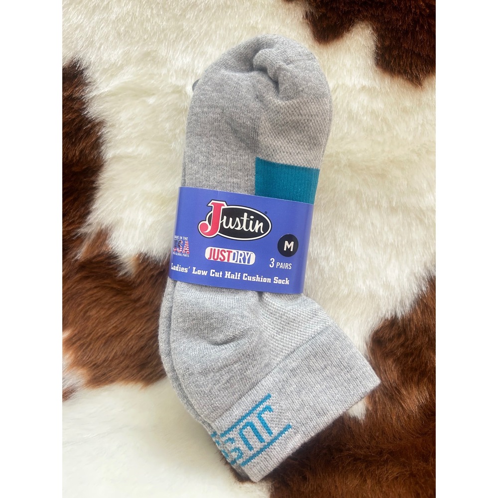 Justin Ladies Low Cut Half Cushion Socks 3 Pairs Gray Teal‎ MED